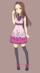  adjusting_hair bad_id bad_pixiv_id black_footwear black_legwear bow breasts brown_background brown_eyes brown_hair casual dress fashion hairband highres idolmaster idolmaster_(classic) idolmaster_2 legs long_hair minase_iori pink_bow shoe_bow shoes simple_background small_breasts solo thighhighs yuuhi_(ages) zettai_ryouiki 