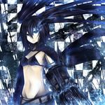  arm_cannon belt bikini_top black_hair black_rock_shooter black_rock_shooter_(character) blue_eyes burning_eye highres long_hair mamuru midriff navel solo twintails weapon 