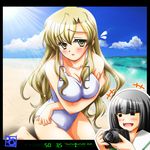  beach blonde_hair blood breasts brown_eyes camera cleavage day large_breasts lowres maria-sama_ga_miteru multiple_girls nanatsuki_(arca-nize) nijou_noriko nosebleed one-piece_swimsuit swimsuit toudou_shimako viewfinder 