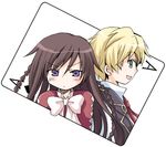  1girl alice_(pandora_hearts) blonde_hair blush brown_hair card card_(medium) green_eyes long_hair mizuna_tomomi oz_vessalius pandora_hearts playing_card purple_eyes ribbon short_hair smile 