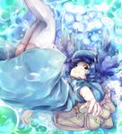  backpack bag blue_hair bubble hat kawashiro_nitori legs_up smile solo thighhighs touhou twintails two_side_up underwater white_legwear yoss_3 