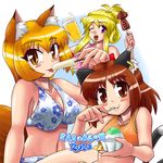  alcohol animal_ears beer bikini blonde_hair brown_eyes brown_hair cat_ears cat_tail chen earrings food fox_ears fox_tail jewelry multiple_girls multiple_tails purple_eyes sasuke_(sasuke_no_sato) shaved_ice short_hair swimsuit tail touhou yakumo_ran yakumo_yukari yellow_eyes 