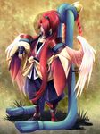  bad_id bad_pixiv_id copyright_request highres hira_taira katana long_hair male_focus ponytail red_hair sheath sheathed shide solo sword very_long_hair weapon wings yellow_eyes 