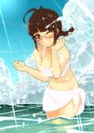  akizuki_ritsuko antenna_hair bakushiishi_at bikini braid breasts brown_hair cleavage cloud day glasses groin idolmaster idolmaster_(classic) long_hair looking_at_viewer medium_breasts one_eye_closed pink_eyes red-framed_eyewear red_eyes sarong short_hair sky smile solo splashing swimsuit twin_braids wading water white_sarong 