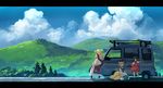  blonde_hair brown_hair chen cloud day garnet ground_vehicle hat landscape motor_vehicle multiple_girls pointing scenery sky tail touhou van yakumo_ran yakumo_yukari 