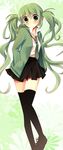  amamine bad_id bad_pixiv_id blush green_eyes green_hair hatsune_miku highres jacket long_hair necktie skirt solo thighhighs twintails very_long_hair vocaloid 
