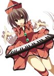  brown_eyes brown_hair buttons dutch_angle foreshortening hands hat instrument keyboard_(instrument) lyrica_prismriver open_mouth red_footwear red_hat red_shirt red_skirt sakurame shirt shoes skirt solo touhou white_sleeves 