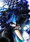  absurdres arm_cannon bad_id bad_pixiv_id bikini_top black_rock_shooter black_rock_shooter_(character) blue_eyes blue_hair boots burning_eye chain checkered checkered_floor coat highres ihara_natsume long_hair perspective scar shorts smile solo very_long_hair weapon 