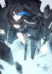  absurdres arm_cannon bad_id bad_pixiv_id bikini_top black_hair black_rock_shooter black_rock_shooter_(character) blue_eyes boots burning_eye coat from_above highres hijiri_(resetter) huge_weapon long_hair looking_at_viewer midriff pale_skin shadow shorts smile solo star twintails very_long_hair weapon 