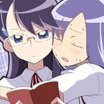  book closed_eyes couple glasses heartcatch_precure! hug hyuuga_takashi kurumi_momoka lowres md5_mismatch multiple_girls precure purple_hair reading sweat tsukikage_yuri upper_body yuri 