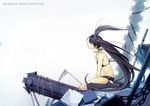  absurdres bad_id bad_pixiv_id bikini_top black_hair black_rock_shooter black_rock_shooter_(character) blue_eyes boots chain flat_chest highres kawai_makoto long_hair midriff scar shorts sitting solo sword tears twintails uneven_twintails very_long_hair weapon 