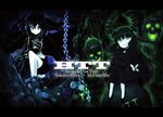  akiyama_mio black_hair black_rock_shooter black_rock_shooter_(character) black_rock_shooter_(character)_(cosplay) blue_eyes bow chain coat cosplay dead_master dead_master_(cosplay) green_eyes grin highres horns k-on! letterboxed long_hair look-alike multiple_girls nakano_azusa shorts skull smile tom_(drpow) twintails 