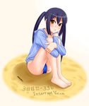  barefoot black_hair brown_eyes competition_swimsuit hood hoodie k-on! leg_hug long_hair nakano_azusa one-piece_swimsuit sand solo swimsuit tk4 twintails 