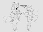 aigsaft anthro averi_(fiddleafox) canid canine dialogue dipstick_tail duo english_text female female_anthro fox fur gloves_(marking) grease hair hi_res leg_markings looking_at_another looking_down mammal markings monochrome paws socks_(marking) tail tail_markings text unknown_character