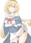  1girl akara_kai black_panties blonde_hair blue_capelet blue_eyes blue_hairband blue_neckerchief blue_overskirt breasts capelet crown dress earrings flower freckles hair_between_eyes hairband highres jewelry kantai_collection long_hair long_sleeves low-tied_long_hair mini_crown neckerchief necklace off-shoulder_dress off_shoulder panties red_flower rose thighhighs underwear union_jack valiant_(kancolle) white_dress 