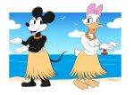 accessory anthro avian_butt barefoot big_breasts bow_ribbon breasts casual_nudity clothed clothing daisy_duck dancing disney duck_footed duo eye_contact featureless_chest feet female female/female flat_chested flower grass_skirt hair_accessory hair_bow hair_ribbon happy hawaiian_flower hula_dancer hula_girl hula_skirt lei looking_at_another lunula_(artist) minimal_clothing minnie_mouse mr._duck_steps_out nipples non-mammal_breasts non-mammal_nipples open_mouth open_smile pink_hairbow plant public public_nudity ribbons sea seaside smile steamboat_willie topless water
