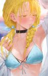  1girl absurdres aqua_bikini arm_up armpits averting_eyes bikini black_choker blonde_hair blurry blurry_background blush braid breasts choker commentary_request ear_focus earrings front-tie_bikini_top front-tie_top fujita_kotone gakuen_idolmaster hair_tie_in_mouth halterneck highres idolmaster jewelry lace-trimmed_choker lace_trim mouth_hold shirt small_breasts solo string_bikini stud_earrings swimsuit tarutaru_(ryousuke) upper_body wet wet_clothes wet_shirt white_shirt yellow_eyes 