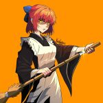  1girl apron artist_name blue_bow bow broom concealed_weapon cowboy_shot frilled_apron frills glint hair_between_eyes hair_bow hair_ribbon holding holding_broom holding_weapon japanese_clothes kimono kisalefuu kohaku_(tsukihime) long_sleeves looking_at_viewer maid maid_apron maid_headdress open_mouth orange_background partially_shaded_face red_hair ribbon sheath short_hair simple_background solo standing tsukihime unsheathing waist_apron weapon white_apron wide_sleeves yellow_eyes 