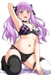  1girl :d arm_up armpits asymmetrical_legwear black_bow black_choker black_panties black_thighhighs blush bow bra breasts choker full_body green_eyes hair_bow hair_ornament highres kneeling long_hair looking_at_viewer love_live! love_live!_superstar!! medium_breasts mismatched_legwear navel open_mouth panties purple_hair simple_background smile solo stomach thighhighs thighs underwear white_background white_thighhighs wien_margarete yopparai_oni 