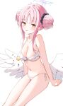  1girl bikini blue_archive blue_halo blush breasts double_bun frilled_bikini_top gradient_halo hair_bun hair_ornament hair_scrunchie halo highres hime_cut large_breasts looking_at_viewer low_wings mika_(blue_archive) multicolored_halo navel pink_hair pink_halo scrunchie side-tie_bikini_bottom simple_background solo swimsuit tongue tongue_out white_bikini wing_ornament wings yellow_eyes yon_(letter) 