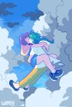  2girls artist_name black_footwear blue_dress blush_stickers capelet closed_eyes cloud cloudy_sky commentary dress english_commentary floating full_body green_hair hatsuseno_alpha highres hug kiss leg_lock long_hair multiple_girls orange_pants pants ponytail purple_hair shirt shoes short_hair sky sneakers takatsu_kokone white_shirt wimbostratus yokohama_kaidashi_kikou yuri 
