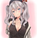  beret black_shirt blue_eyes blush breasts cleavage collared_shirt grey_eyes hand_on_own_chest hat irohakaede jacket jacket_removed kantai_collection kashima_(kantai_collection) large_breasts looking_at_viewer military military_uniform partially_unbuttoned shirt sidelocks silver_hair solo twintails uniform upper_body wavy_hair wavy_mouth 