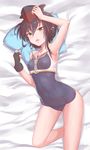  :o arm_up armpits bare_arms bare_shoulders bed_sheet black_gloves black_hair black_hat blue_swimsuit breasts brown_eyes collarbone covered_navel covered_nipples error eyebrows_visible_through_hair framed_breasts gloves hair_between_eyes hat highres i-13_(kantai_collection) kantai_collection konnyaku_(kk-monmon) lying on_back one-piece_swimsuit partly_fingerless_gloves pillow sailor_collar shiny shiny_skin shirt single_glove skin_tight sleeveless sleeveless_shirt small_breasts swimsuit 