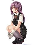  ahoge bow bowtie brown_eyes gloves hagikaze_(kantai_collection) highres kamelie kantai_collection kneehighs long_hair looking_at_viewer one_side_up pleated_skirt purple_hair shoes simple_background skirt solo squatting vest white_background white_gloves 