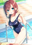  :o adjusting_clothes adjusting_swimsuit aqua_eyes barefoot blue_swimsuit breasts brown_hair chain-link_fence cleavage collarbone commentary_request competition_swimsuit fence goggles goggles_removed hair_over_shoulder highres lens_flare long_hair looking_at_viewer medium_breasts moe2017 one-piece_swimsuit open_mouth original pool pool_ladder solo swimsuit toosaka_asagi wet wet_clothes 