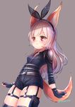  animal_ears annoyed belt black_legwear blonde_hair bodysuit clenched_hands dog_ears dog_tail elin_(tera) enepuni fingerless_gloves gloves highres long_hair pout red_eyes ribbon short_shorts shorts solo tail tera_online thigh_strap thighhighs 