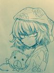  &gt;:( alternate_costume bangs breasts closed_mouth commentary_request constricted_pupils duel_monster efukei eyebrows_visible_through_hair floral_print fluffal_bear from_side frown hair_between_eyes hat holding holding_stuffed_animal kazami_yuuka looking_at_viewer medium_breasts monochrome short_hair sleepwear solo stuffed_animal stuffed_toy teddy_bear touhou traditional_media upper_body v-shaped_eyebrows yuu-gi-ou 