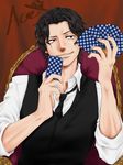  adam's_apple alternate_costume black_eyes black_hair card card_game chair character_name collared_shirt formal freckles hands_up highres holding holding_card looking_to_the_side male_focus necktie one_piece otanagare parted_lips portgas_d_ace shirt sitting sleeves_rolled_up smile smirk solo suit upper_body vest wavy_hair wing_collar 