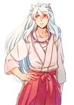  animal_ears closed_mouth dog_ears hair_between_eyes hakama hand_on_hip inuyasha inuyasha_(character) japanese_clothes jewelry long_hair looking_away looking_to_the_side male_focus motobi_(mtb_umk) necklace pearl_necklace red_hakama silver_hair very_long_hair white_background white_hair yellow_eyes 