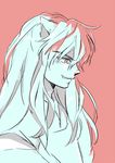  animal_ears grin hair_between_eyes inuyasha inuyasha_(character) long_hair looking_down male_focus monochrome motobi_(mtb_umk) profile red_background red_eyes simple_background smile smirk solo spot_color upper_body 