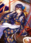  1girl :d apron bison_cangshu blue_hair blue_kimono blush brown_eyes chinese_commentary commentary_request floral_print flower from_above hair_flower hair_ornament hair_ribbon hairclip japanese_clothes kimono long_hair long_sleeves looking_at_viewer looking_up love_live! love_live!_school_idol_project maid maid_headdress obi open_mouth print_kimono ribbon sash sitting smile solo sonoda_umi wa_maid waist_apron wide_sleeves yukata 