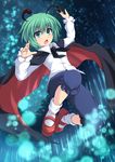  antennae aqua_eyes cape cross_(crossryou) fireflies folded_leg forest green_hair hands_up jumping knickers long_sleeves looking_at_viewer nature night open_mouth outdoors shirt short_hair sky socks solo star_(sky) starry_sky touhou white_legwear white_shirt wriggle_nightbug 