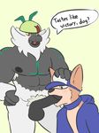  2017 abs anthro armor armpit_hair balls biceps blush canine clothing collar coydog coyote dialogue digital_media_(artwork) dog duo english_text fellatio foxzombiej fur hairy hat helmet jacket lemur makoa male male/male mammal markings monkey muscular nintendo nipples oral passimian pecs penis pok&eacute;mon primate pubes scruffymusk sex simple_background text video_games 