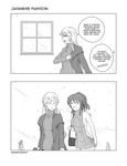  2koma :d ^_^ absurdres alternate_costume bag bare_shoulders breasts cameo casual closed_eyes coat comic commentary contemporary english english_commentary greyscale handbag highres iowa_(kantai_collection) kantai_collection kashima_(kantai_collection) meme_attire monochrome multiple_girls open_mouth ponytail revision ribbed_sweater robba-san_(wangphing) saratoga_(kantai_collection) sideboob smile snowing sweater turtleneck turtleneck_sweater twitter_username virgin_killer_sweater wangphing window winter_clothes winter_coat 