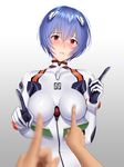  ayanami_rei bangs blue_hair blurry blush bodysuit bracer breast_poke breasts breasts_apart depth_of_field embarrassed gloves gradient gradient_background grey_background hair_between_eyes hands_up head_tilt headgear highres impossible_bodysuit impossible_clothes index_finger_raised koi_dance looking_at_viewer medium_breasts neon_genesis_evangelion nose_blush out_of_frame parted_lips pilot_suit plugsuit poking pov pov_hands red_eyes shimashima08123 shiny shiny_clothes short_hair skin_tight solo_focus turtleneck upper_body white_background white_bodysuit 