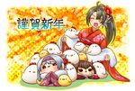  ;d ahoge alternate_costume alternate_hairstyle bird black_hair chibi chick chicken commentary_request folded_ponytail grey_hair hair_ornament hairband japanese_clothes kantai_collection kimono long_hair looking_at_viewer one_eye_closed open_mouth ponytail seiza short_hair shoukaku_(kantai_collection) silver_hair sitting smile sweat taihou_(kantai_collection) translation_request yumaru_(marumarumaru) zuikaku_(kantai_collection) 