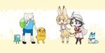  2girls adventure_time animal_ears backpack bag bare_shoulders black_gloves black_hair blonde_hair blush bmo bow bowtie commentary_request crossover dog dokanmania elbow_gloves finn_the_human gloves hat hat_feather helmet jake_the_dog kaban_(kemono_friends) kemono_friends lucky_beast_(kemono_friends) multiple_boys multiple_girls open_mouth pith_helmet serval_(kemono_friends) serval_ears serval_print serval_tail shirt short_hair shorts skirt sleeveless smile tail trait_connection wavy_hair yellow_eyes 