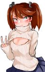  3: arm_behind_back blush breast_conscious breasts brown_eyes brown_hair cleavage_cutout flat_chest gomio_(bb-k) hair_ornament high_collar highres kantai_collection long_sleeves meme_attire open-chest_sweater ryuujou_(kantai_collection) sanpaku simple_background sketch skirt sleeves_past_wrists small_breasts solo sweater twintails unamused v v-shaped_eyebrows white_background 