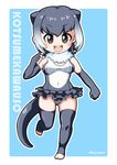  :d animal_ears aqua_background bare_shoulders barefoot blush border brown_eyes character_name chibi clenched_hands covered_navel crotch elbow_gloves eyebrows_visible_through_hair fingerless_gloves frilled_swimsuit frills full_body fur_collar gloves gradient_hair grey_gloves grey_hair grey_legwear grey_swimsuit hair_between_eyes jpeg_artifacts kemono_friends kurono looking_at_viewer multicolored_hair navel no_shoes one-piece_swimsuit open_mouth otter_ears otter_tail outline outside_border romaji rounded_corners running short_hair small-clawed_otter_(kemono_friends) smile solo swimsuit tail tareme teeth thighhighs toeless_legwear two-tone_hair white_border white_hair white_outline 