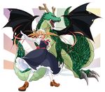  animal_humanoid breasts clothed clothing dragon dragon_humanoid dress duo fangs footwear hair horn humanoid long_hair maid_uniform miss_kobayashi&#039;s_dragon_maid open_mouth pointing red_eyes shoes source_request teeth tohru_(character) uniform unknown_artist wings 