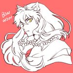  animal_ears closed_mouth floating_hair inuyasha inuyasha_(character) jewelry long_hair male_focus monochrome motobi_(mtb_umk) necklace pearl_necklace red_background simple_background solo spot_color upper_body yellow_eyes 