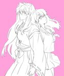  1girl animal_ears back-to-back blush cowboy_shot hetero higurashi_kagome holding_hands inuyasha inuyasha_(character) japanese_clothes lineart long_hair miniskirt monochrome motobi_(mtb_umk) pink_background pleated_skirt school_uniform serafuku simple_background skirt very_long_hair wide_sleeves 