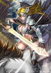 absurdres armor belt bikini_armor black_gloves black_legwear blonde_hair breasts cape cloud feathered_wings fingerless_gloves flying gloves glowing glowing_sword glowing_weapon greaves headpiece highres holding holding_weapon horse kim_jin_sung large_breasts long_hair looking_at_viewer norse_mythology original parted_lips shoulder_armor slender_waist smile solo sword thighhighs valkyrie weapon wings 