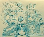  bandaged_arm bandages bangs bow breasts bun_cover chain closed_eyes commentary_request crossed_arms cuffs d: efukei expressive_clothes eyebrows_visible_through_hair flower hair_between_eyes hair_bow hair_tubes hakurei_reimu hand_on_hip ibaraki_kasen index_finger_raised leaning_forward lightning_bolt long_hair looking_at_another medium_breasts monochrome multiple_girls open_mouth ponytail puffy_short_sleeves puffy_sleeves ribbon-trimmed_skirt ribbon_trim scolding shackles short_hair short_sleeves sidelocks speech_bubble spoken_squiggle squiggle standing tabard touhou traditional_media v-shaped_eyebrows watatsuki_no_yorihime 