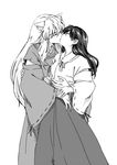  1girl animal_ears closed_eyes couple greyscale hetero higurashi_kagome inuyasha inuyasha_(character) japanese_clothes kiss long_hair miko monochrome motobi_(mtb_umk) very_long_hair 