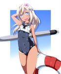  blonde_hair blue_eyes covered_navel cowboy_shot crop_top danpu flower hair_flower hair_ornament kantai_collection lifebuoy long_hair looking_at_viewer one-piece_tan open_mouth ro-500_(kantai_collection) sailor_collar school_swimsuit solo swimsuit swimsuit_under_clothes tan tanline torpedo 